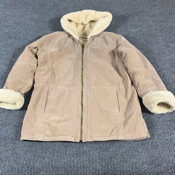 VTG St Johns Bay Jacket Womens Extra Large Beige Leather Hooded Sherpa Lined Y2K - Picture 1 of 16